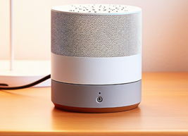 white noise machine on a bedside table, created with generative ai