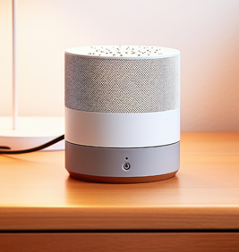 white noise machine on a bedside table, created with generative ai
